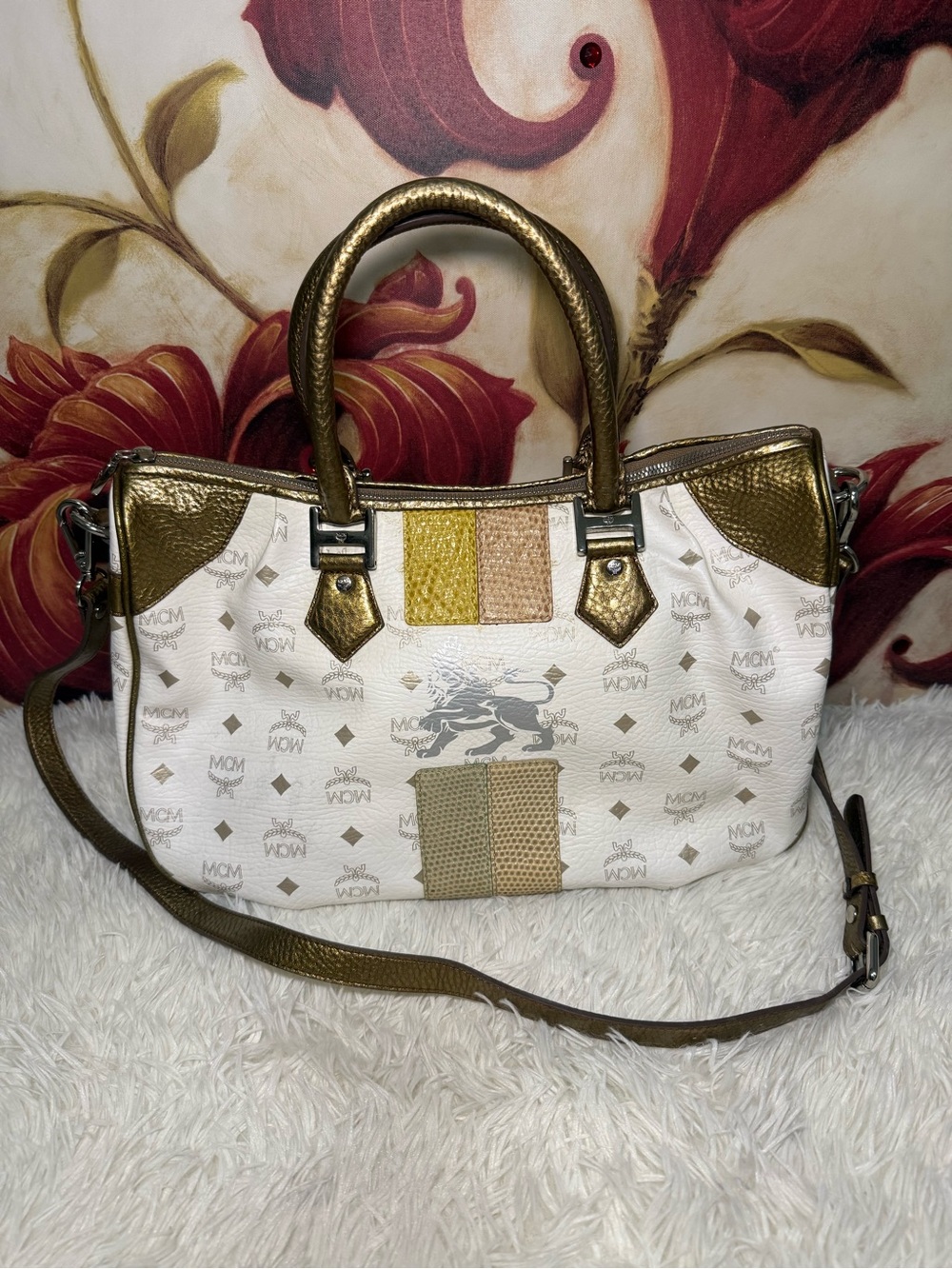 MCM Princess Lion Two-Way Satchel Crossbody Bag White Gold Visetos
